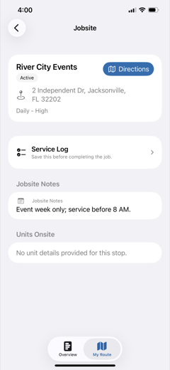 Magic Lav iPhone jobsite detail with directions and notes