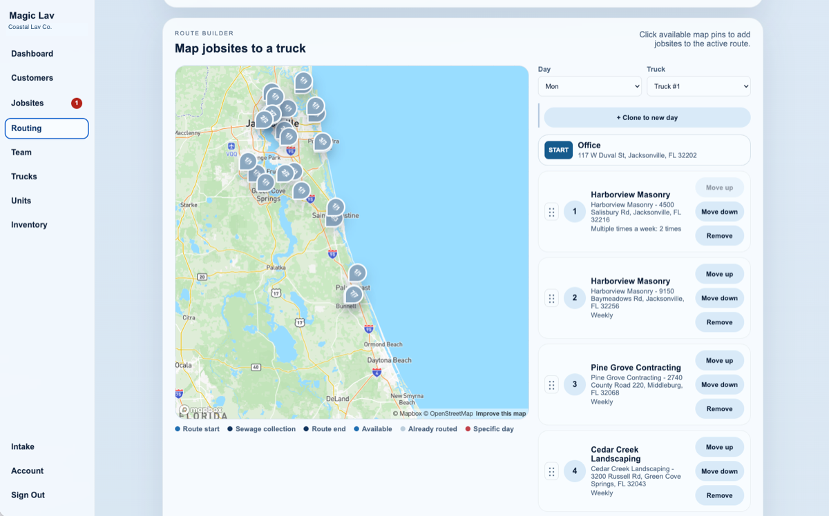 Magic Lav route builder dashboard with a jobsite map and truck stop list